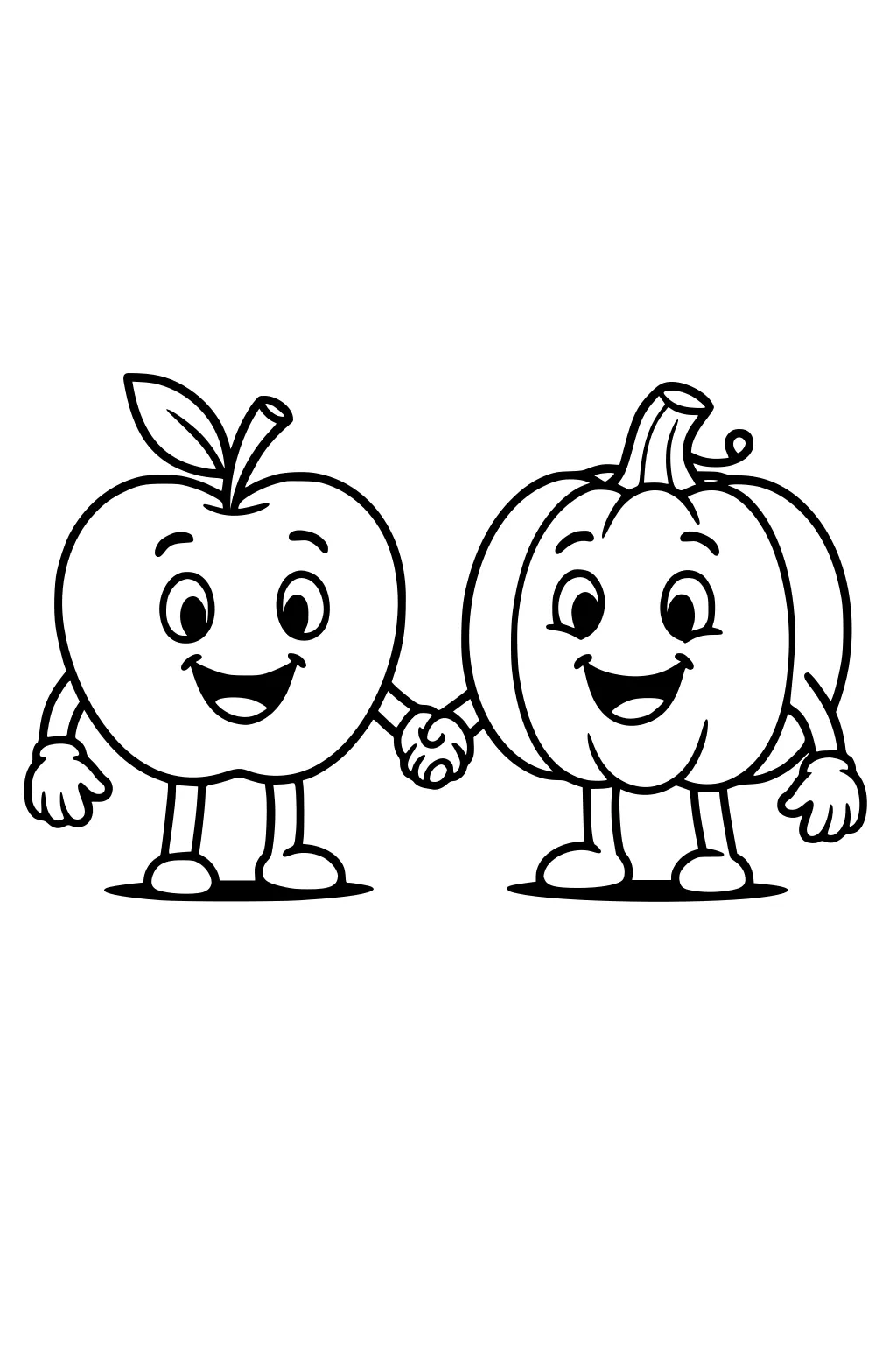 Smiling apple and pumpkin characters holding hands, with arms, legs, and gloves, standing side by side on oval ground shapes.
