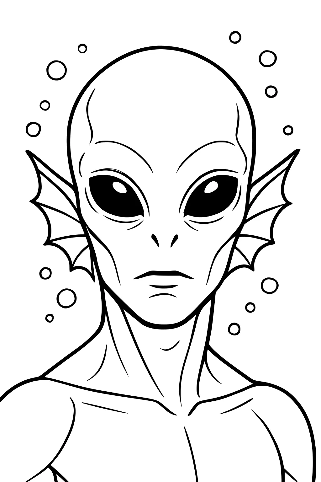 Aquatic alien boy with big oval eyes and fin-like ears, bald head, and bubbles around his face and shoulders in simple line art.