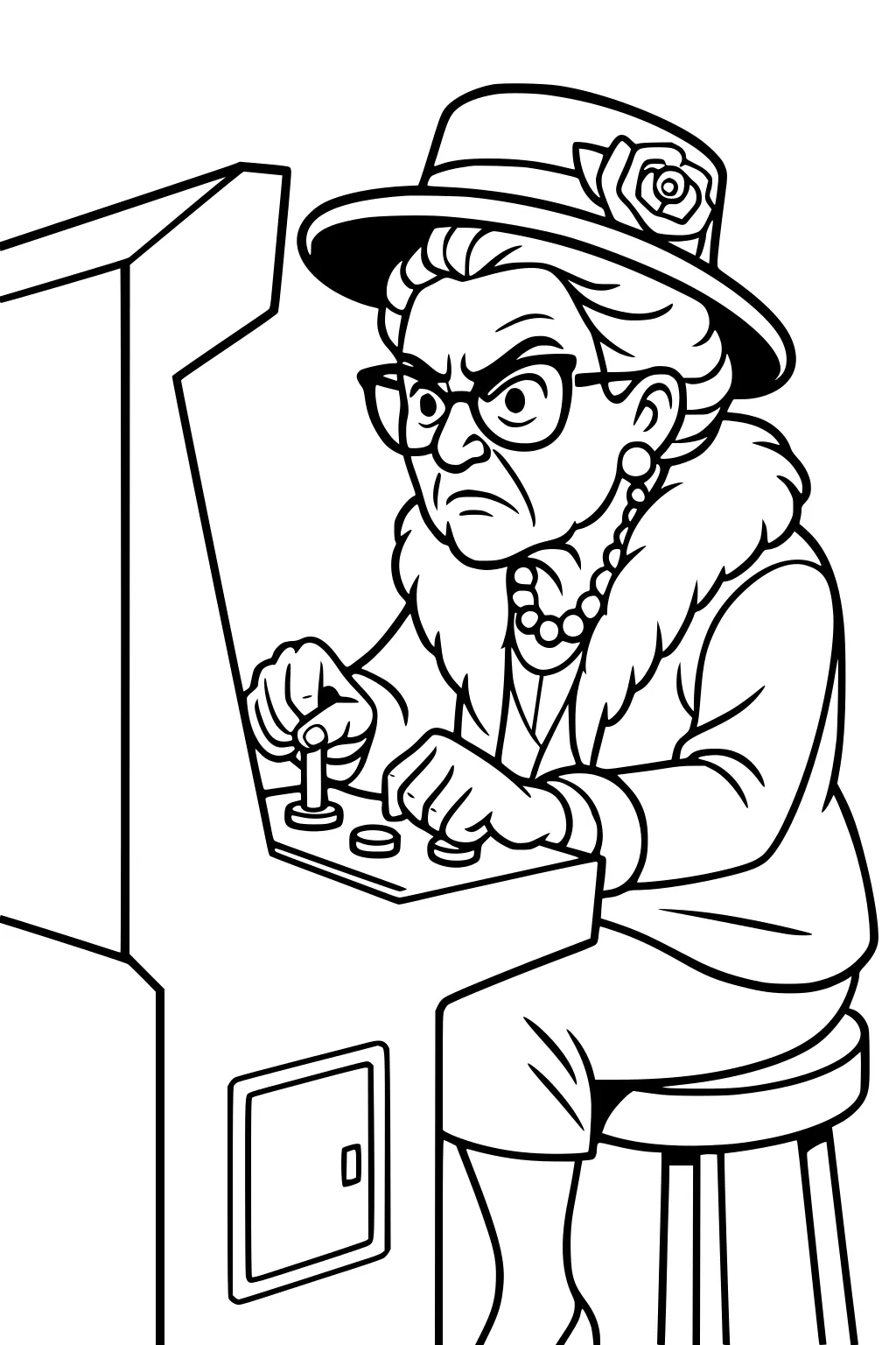 Elderly grandmother in hat and pearls playing an arcade machine, focused face, hands on joystick and buttons, seated on a stool.