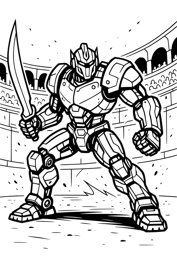 Free Robot Gladiator Coloring Page - Armored Swordbot in Coliseum Arena (Printable PDF)