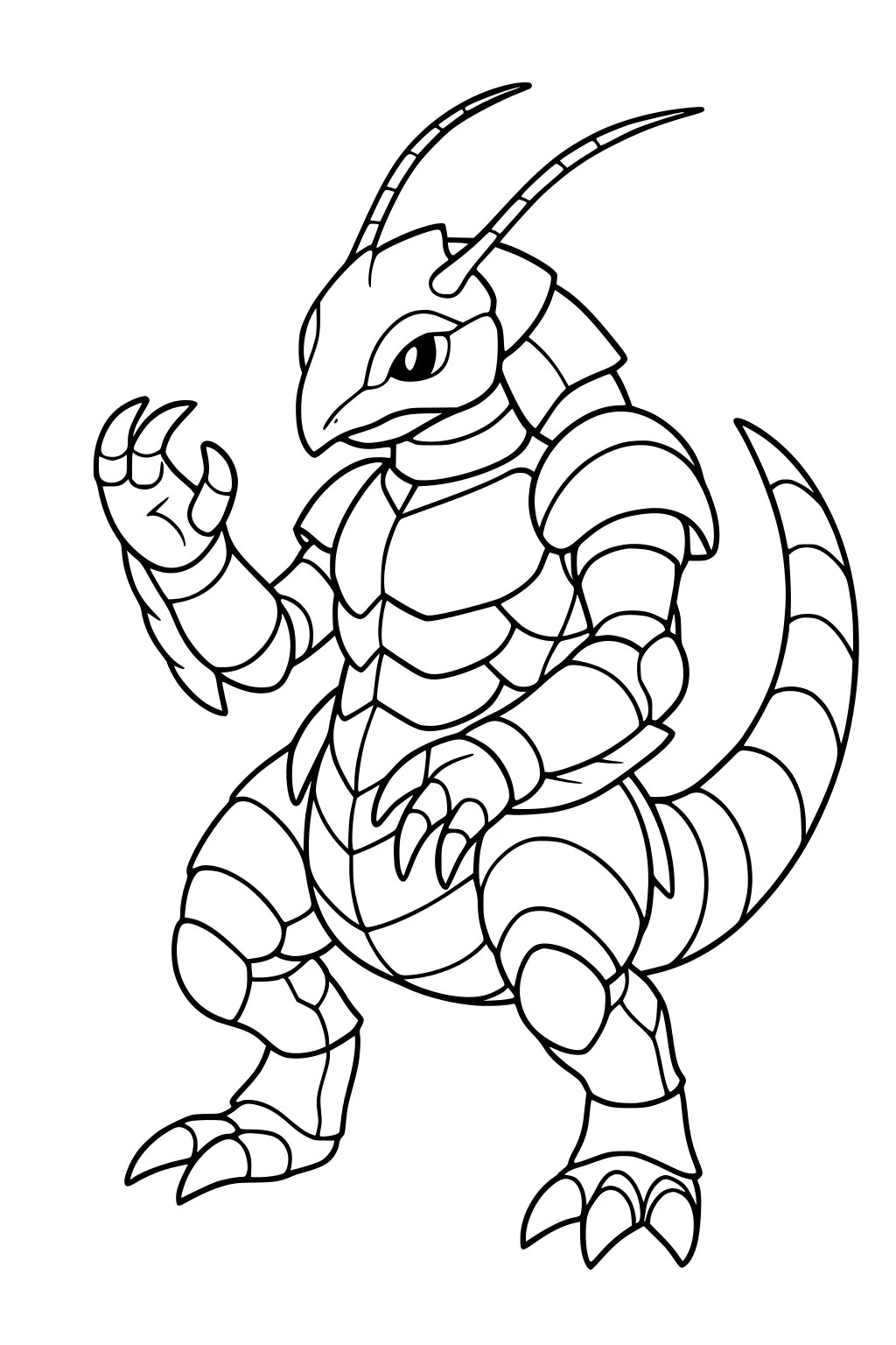 Armored insect-lizard monster standing upright with segmented plates, long tail, claws, and two antennas, outlined for coloring.