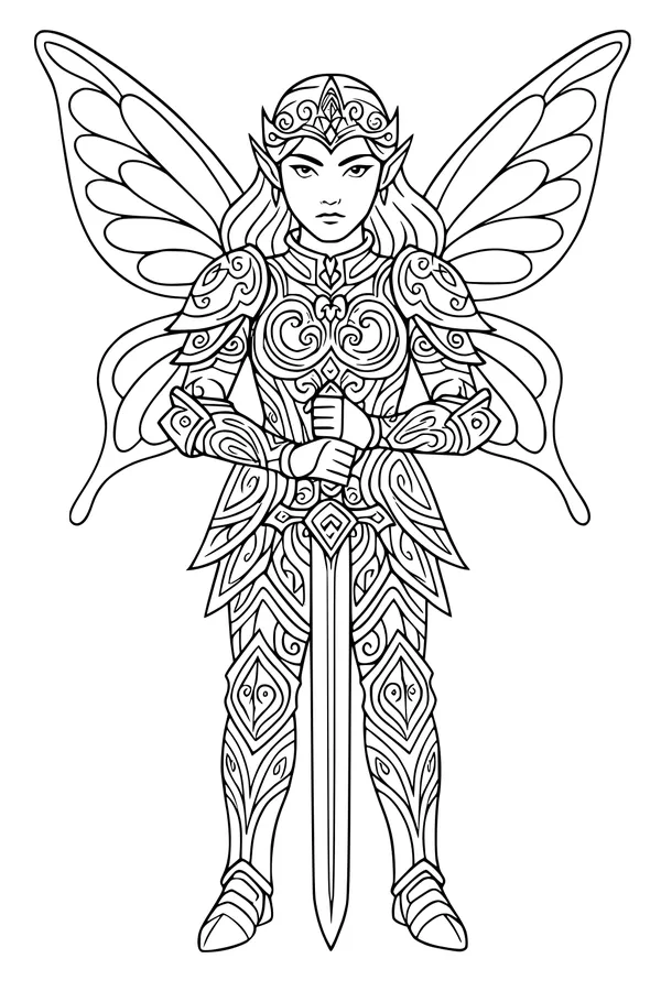Free Fairy Knight Coloring Page - Armored Winged Warrior Girl (Printable PDF)