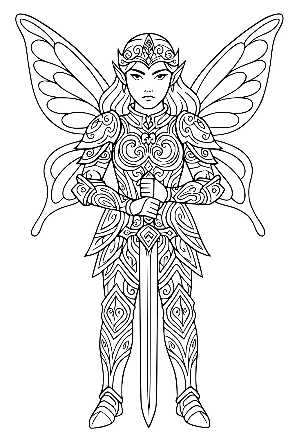 Armored fairy girl with tiara and large wings holds a long sword, standing front-facing with ornate patterns across her armor.