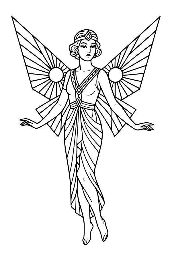 Free Fairy Coloring Page - Art Deco Sunburst Wings (Printable PDF)