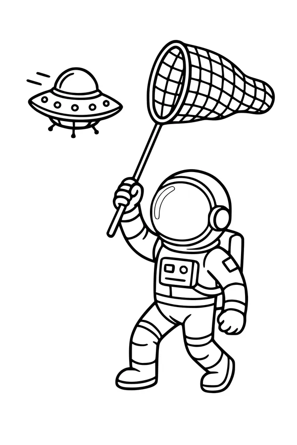 Free UFO Coloring Page - Boy Astronaut Chasing Sneaky Saucer (Printable PDF)