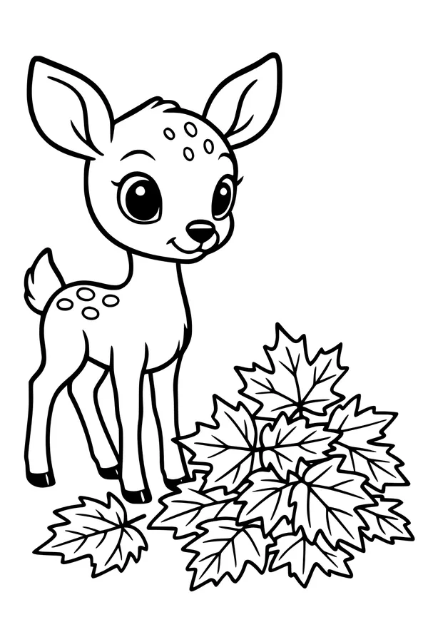 Free Fawn Thanksgiving Coloring Page - Cute Deer With Fall Leaf Pile (Printable PDF)