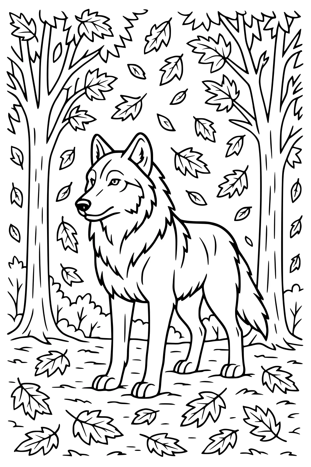 Wolf stands between two trees as autumn leaves fall around him, ground and shrubs shown, bold outlines for kids to color.