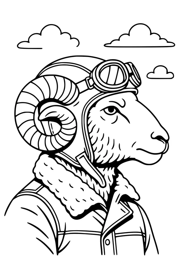 Free Sheep Coloring Page - Aviator Ram Flying in the Clouds (Printable PDF)