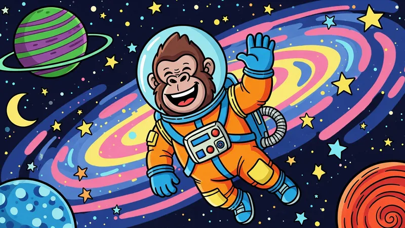 A brave gorilla astronaut floats in space, waving happily among the stars and planets.