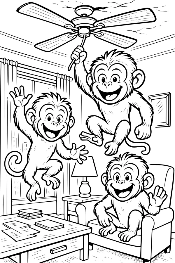 Free Baboon Coloring Page - Playful Brothers in the Living Room (Printable PDF)