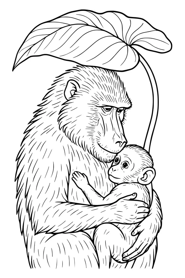 Free Baboon Coloring Page - Mother Baboon Hugging Baby Under Leaf (Printable PDF)