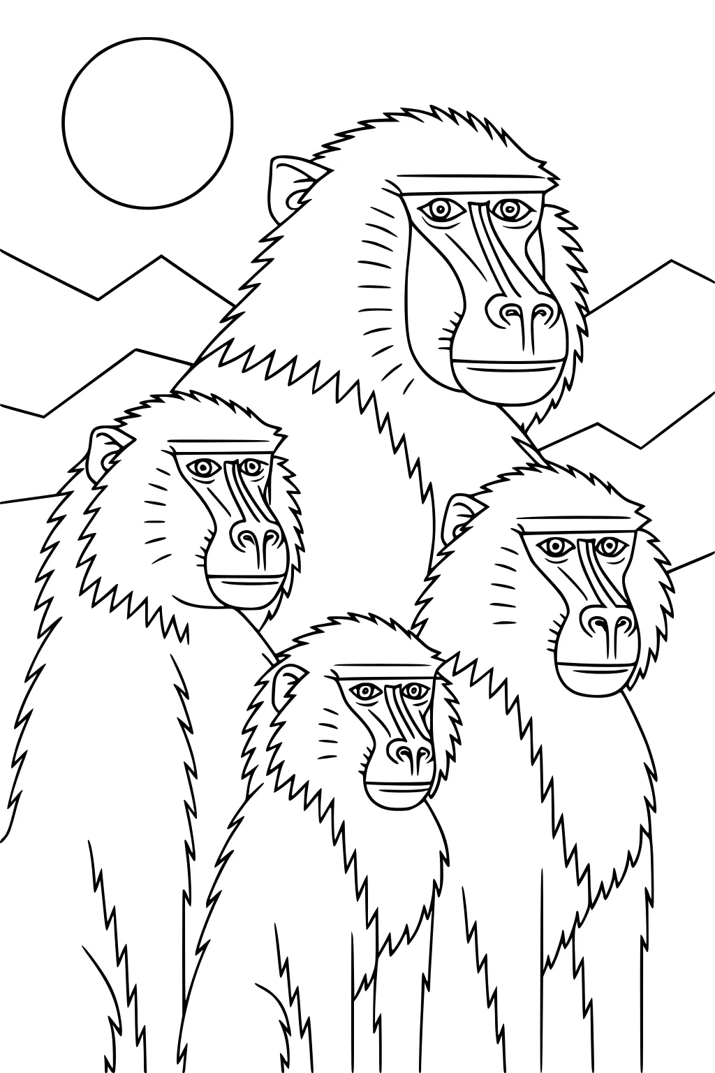 Four baboons with bold faces and shaggy fur stand together in front of mountains and a rising sun.