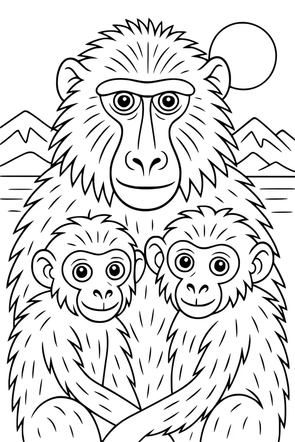 Free Baboon Coloring Page - Mother Baboon With Babies in the Sun (Printable PDF)