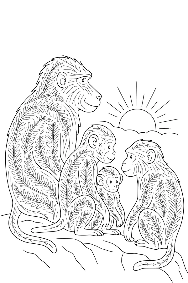 Free Baboon Coloring Page - Family at Sunrise Rock (Printable PDF)