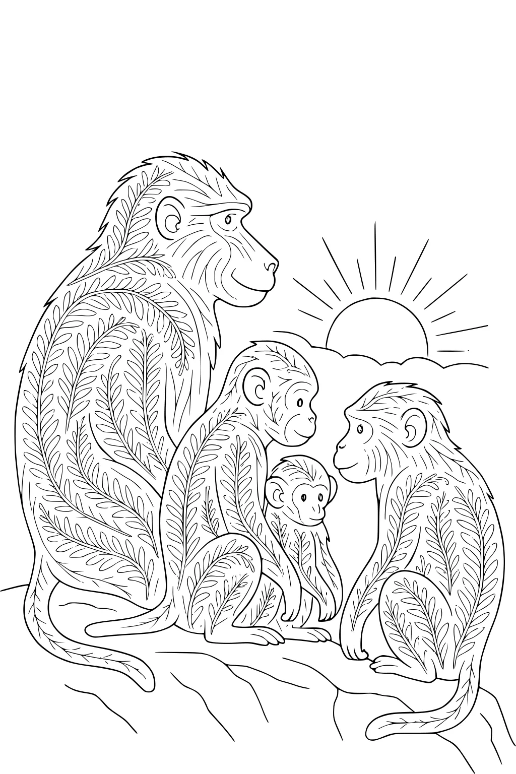 Four baboons with leaf patterns on their fur sitting on a rock in front of a sunrise with clouds.