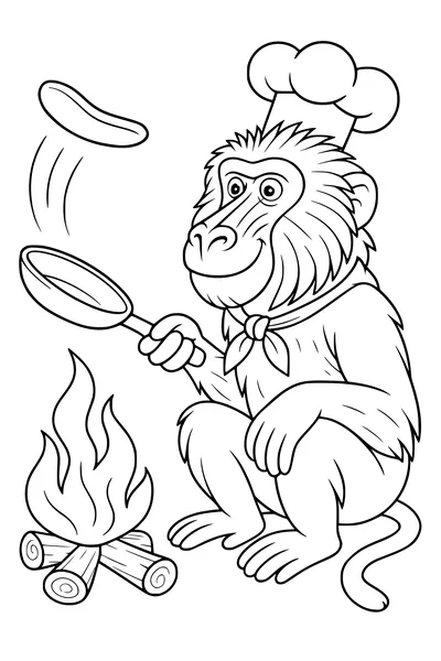 Free Baboon Coloring Page - Chef Flipping Pancakes by the Campfire (Printable PDF)
