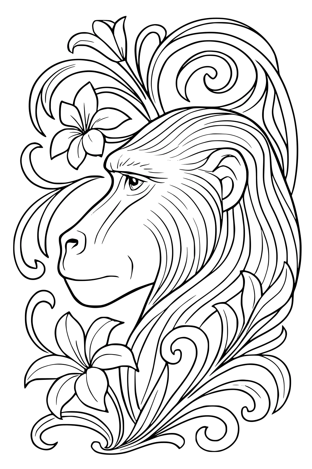 Baboon face with flowing fur surrounded by large flowers and curly jungle vines in a detailed outline drawing.