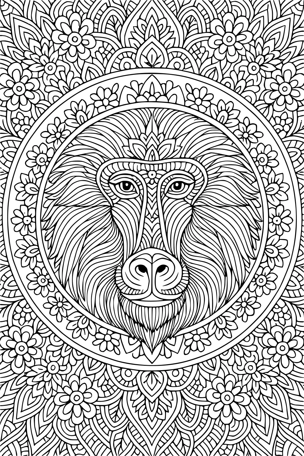 Baboon face with wavy fur patterns, surrounded by intricate floral designs and leaves inside a decorated circle.