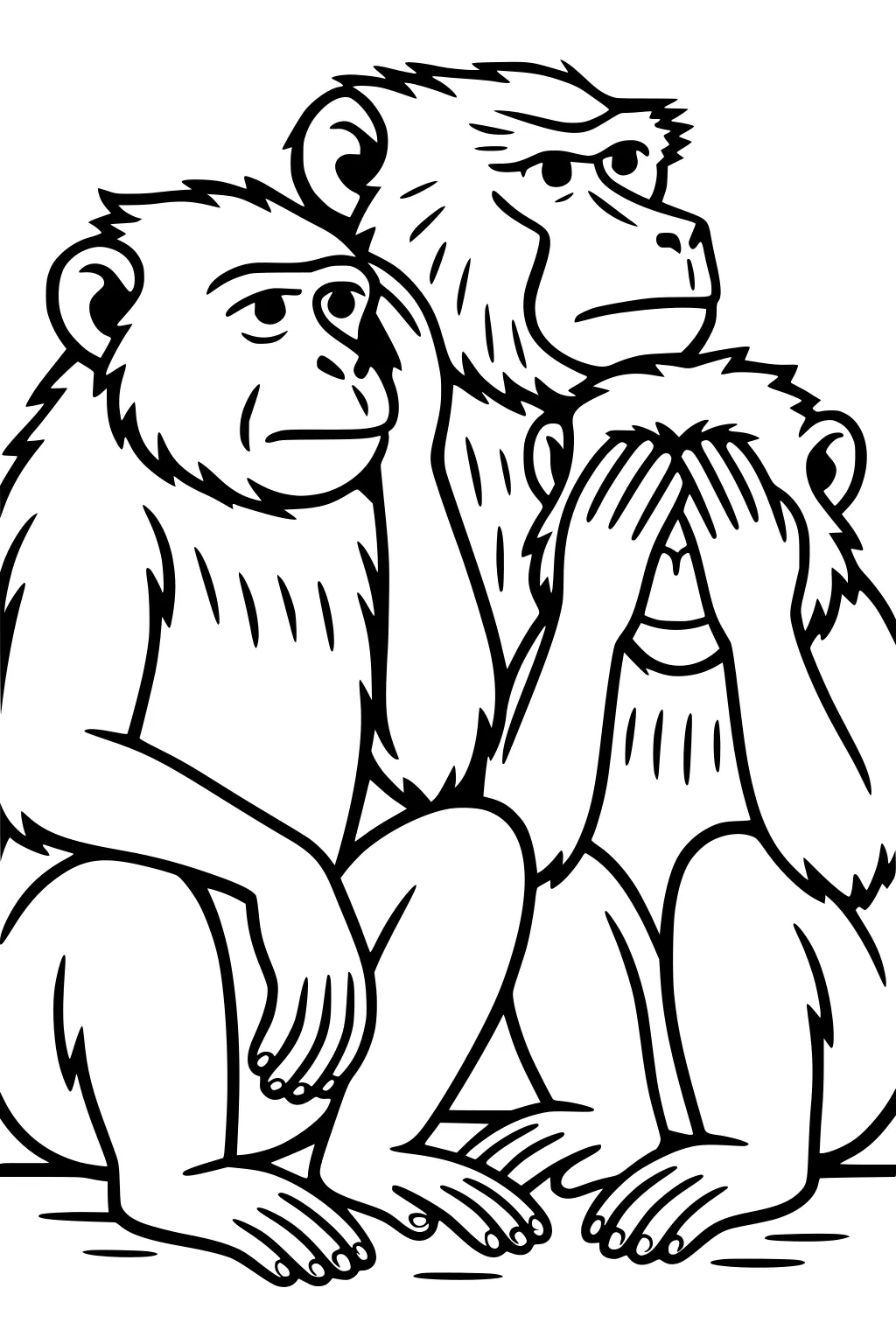 Three baboons sitting in a row. One baboon covers his ears, one stares ahead, and one covers her eyes.