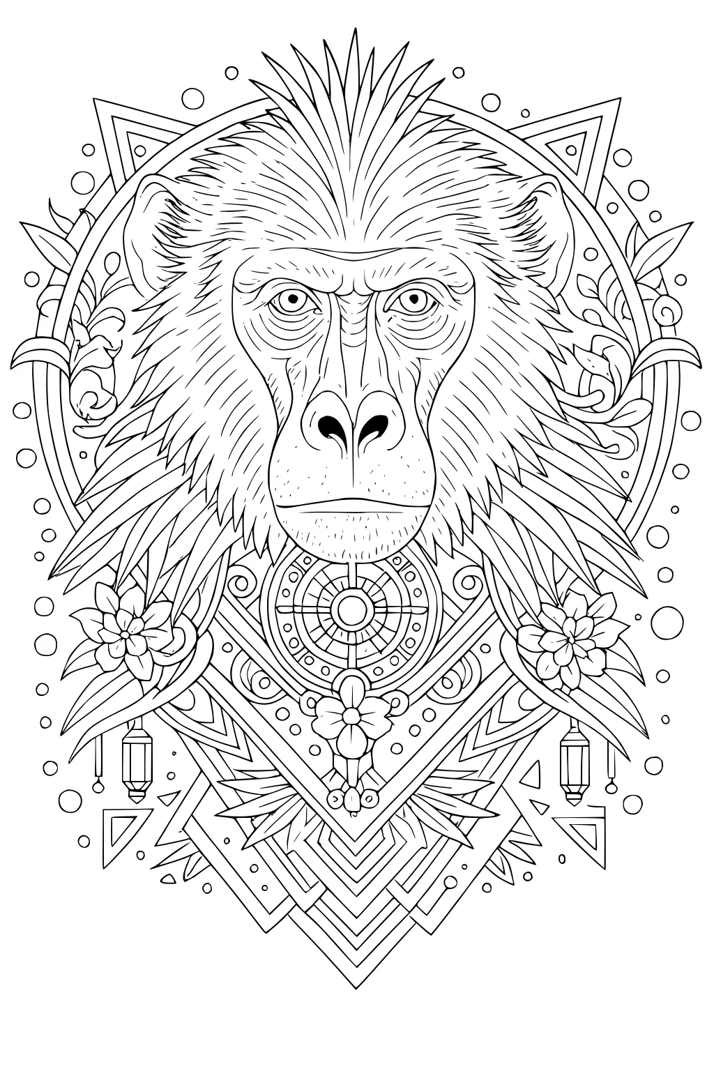 Baboon head with detailed fur, framed by geometric shapes, flowers, leaves, and circular patterns.
