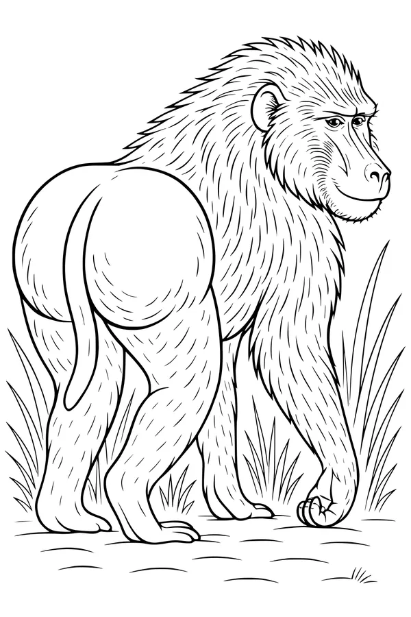 Free Baboon Coloring Page - Shaggy Baboon in Grassy Field (Printable PDF)