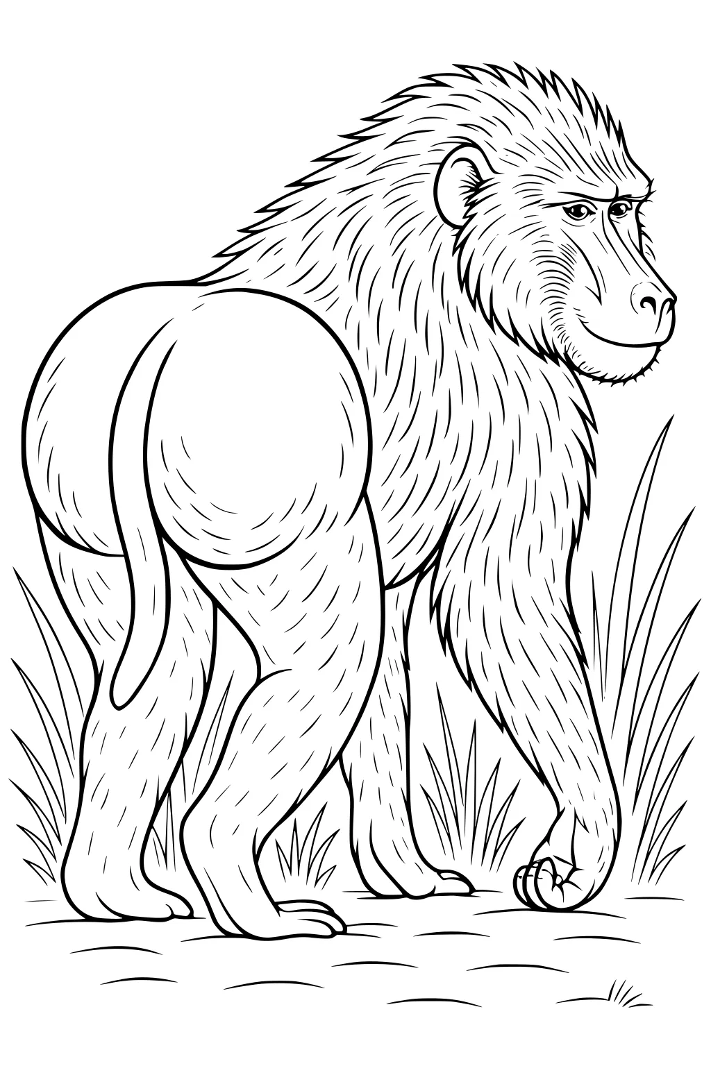 Baboon with shaggy fur standing sideways on grass with tail curved down and head turned toward viewer