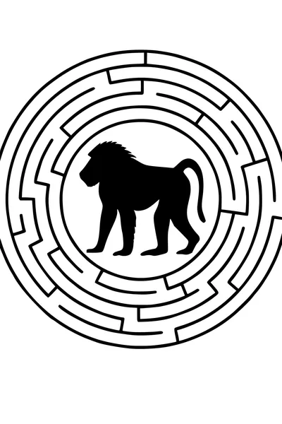 Free Baboon Coloring Page - Baboon in a Circular Maze (Printable PDF)