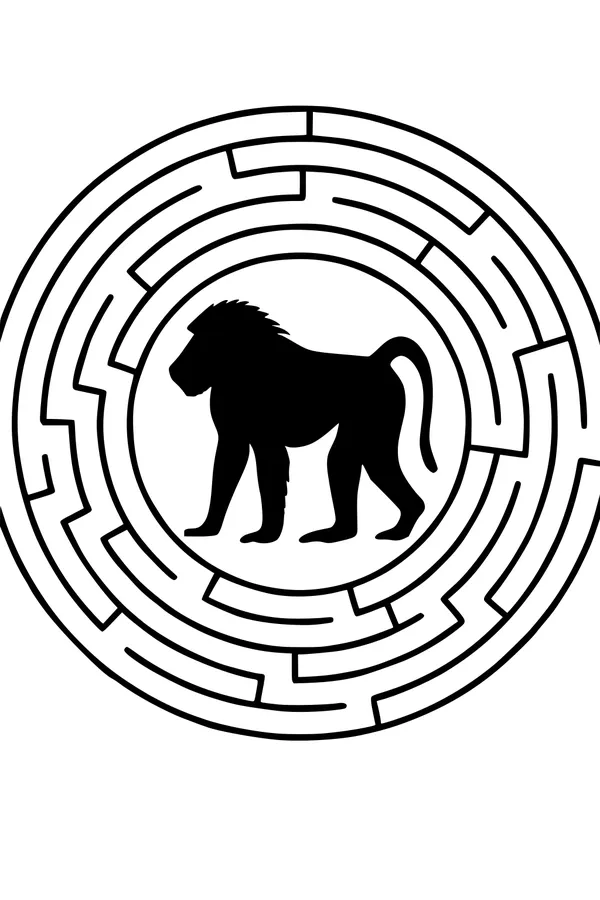 Free Baboon Coloring Page - Baboon in a Circular Maze (Printable PDF)