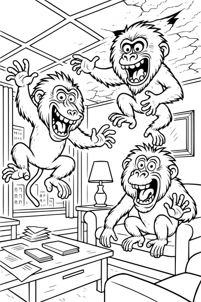 Free Baboon Coloring Page - Playful Baboons in a Messy Living Room (Printable PDF)