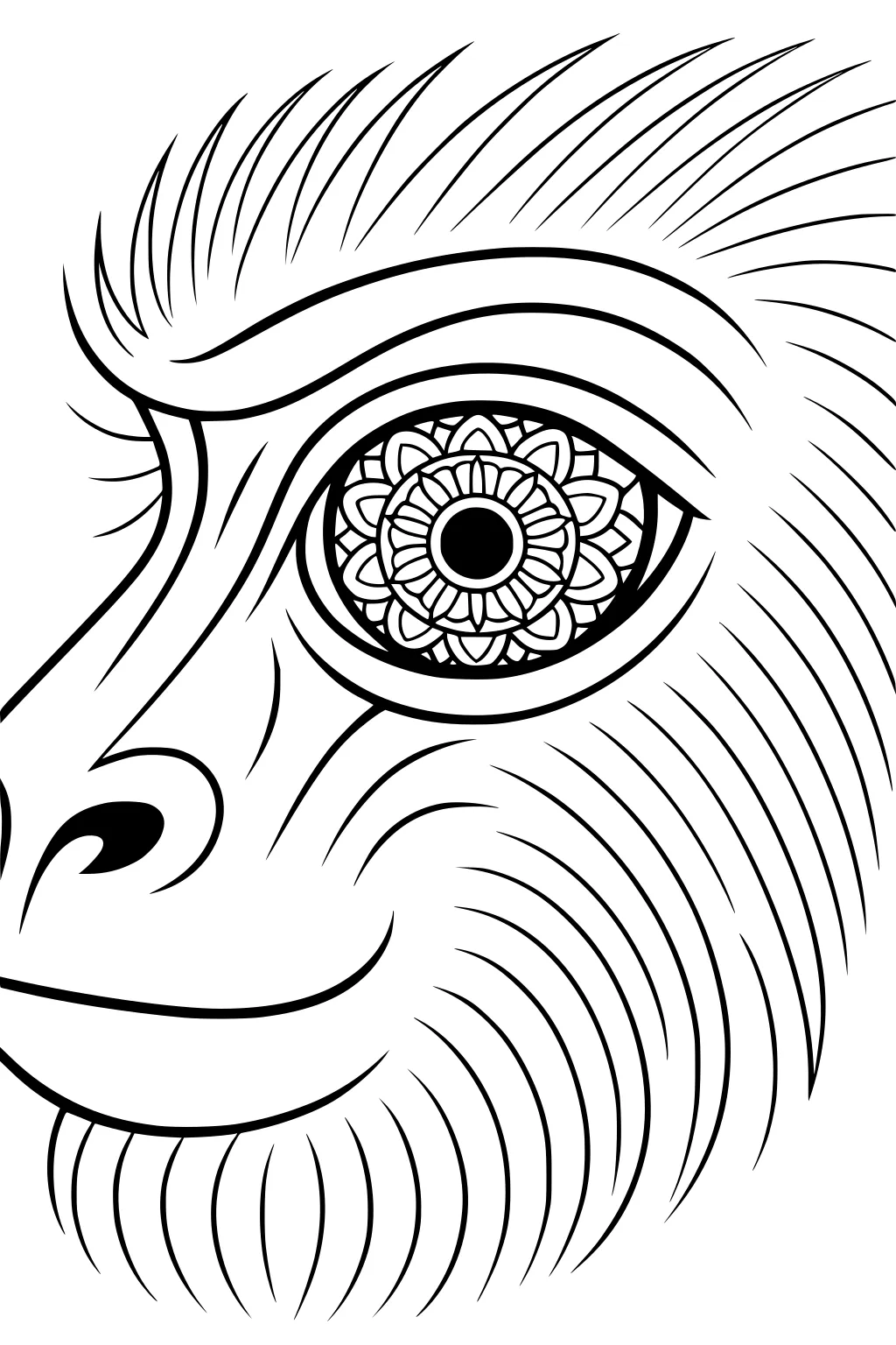 Side view of a baboon face with stylized fur and a detailed flower pattern inside its large eye.