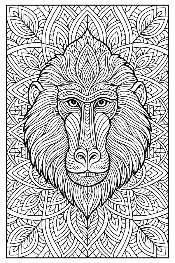 Free Baboon Coloring Page - King Baboon Face with Swirly Leaves (Printable PDF)
