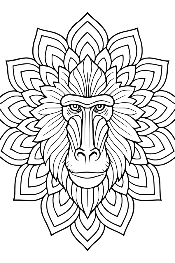 Free Baboon Coloring Page - Jungle King With Leafy Crown (Printable PDF)