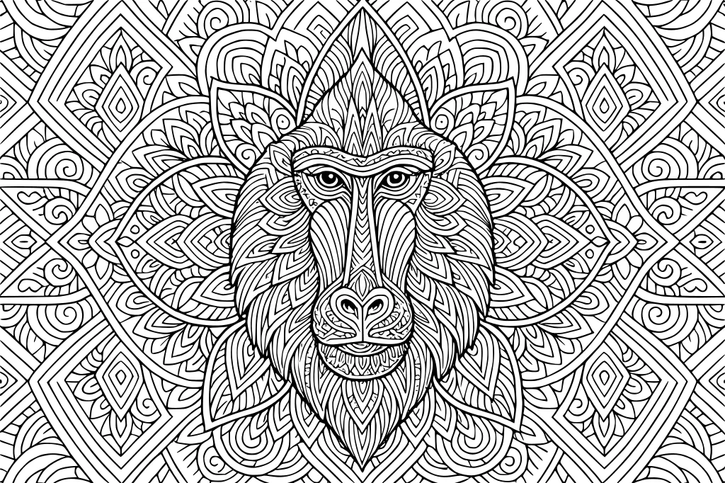 Baboon face with long fur and swirling patterns, surrounded by geometric and leafy designs.