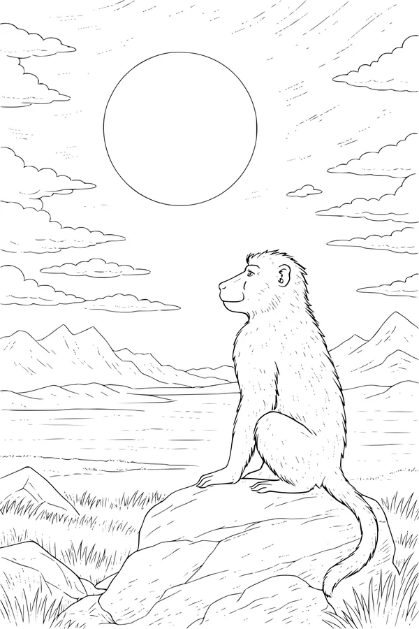 Free Baboon Coloring Page - Baboon Watching the Sunset (Printable PDF)
