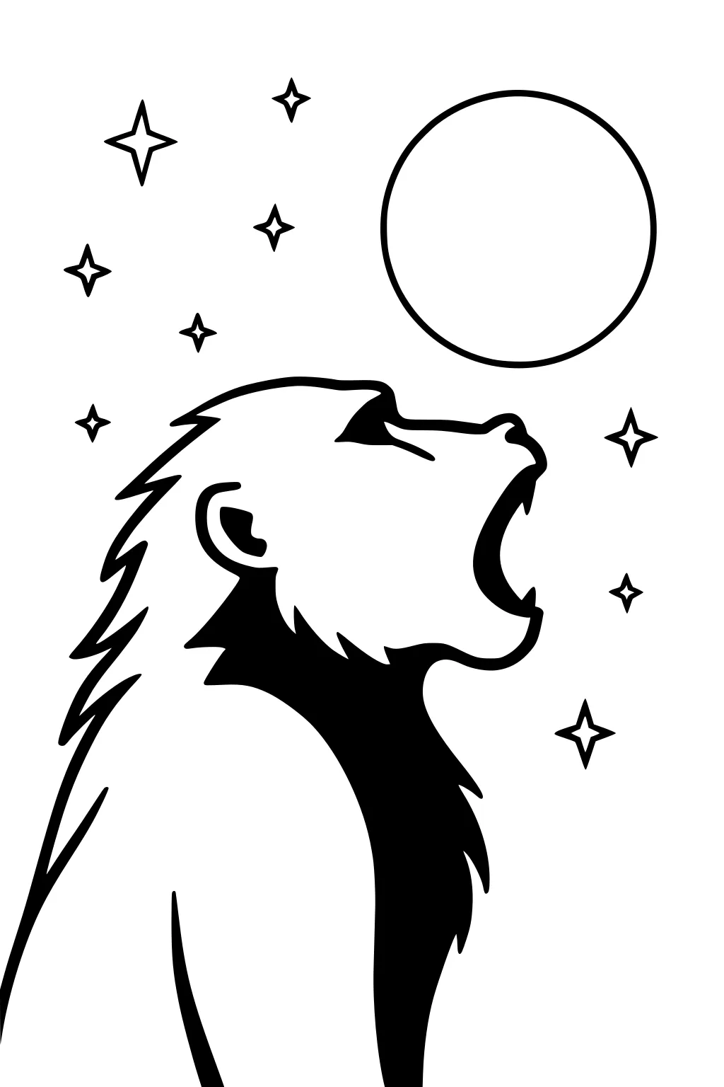 Baboon with open mouth facing a full moon, night sky filled with stars.