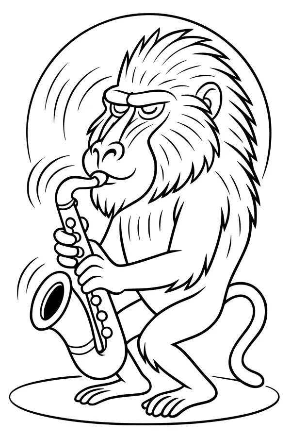 Free Baboon Coloring Page - Cartoon Baboon Playing Saxophone (Printable PDF)