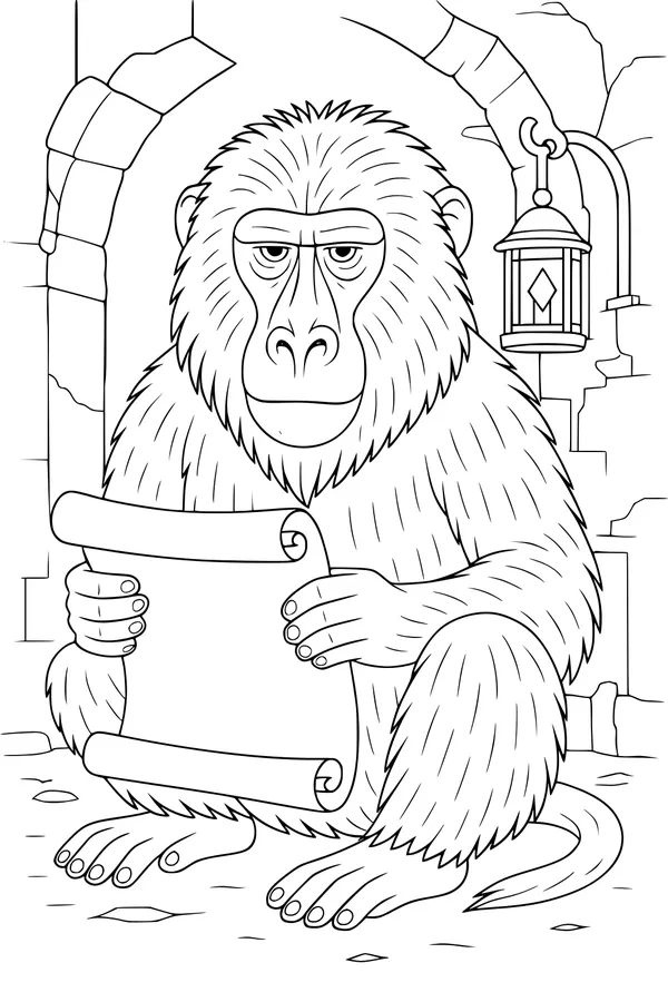 Free Baboon Coloring Page - Wise Baboon With Secret Scroll (Printable PDF)