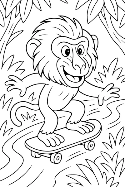 Free Baboon Coloring Page - Skating Down a Jungle Path (Printable PDF)