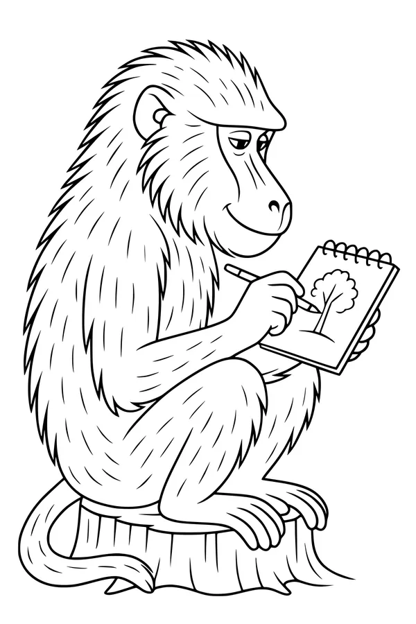 Free Baboon Coloring Page - Baboon Drawing in the Forest (Printable PDF)