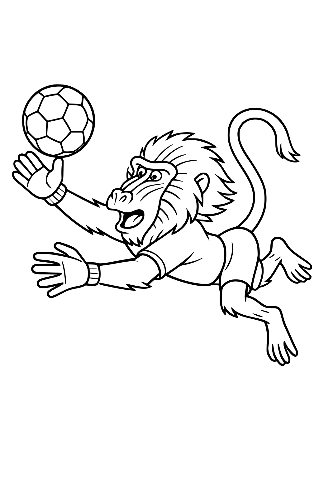 Cartoon baboon wearing a soccer outfit diving with outstretched arms to catch a soccer ball.