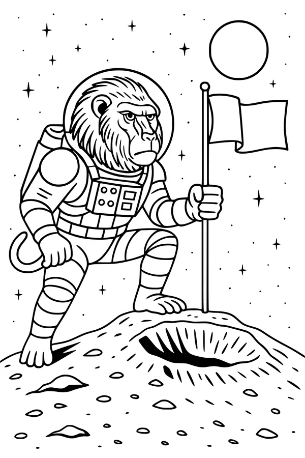 Free Baboon Coloring Page - Astronaut on the Moon (Printable PDF)