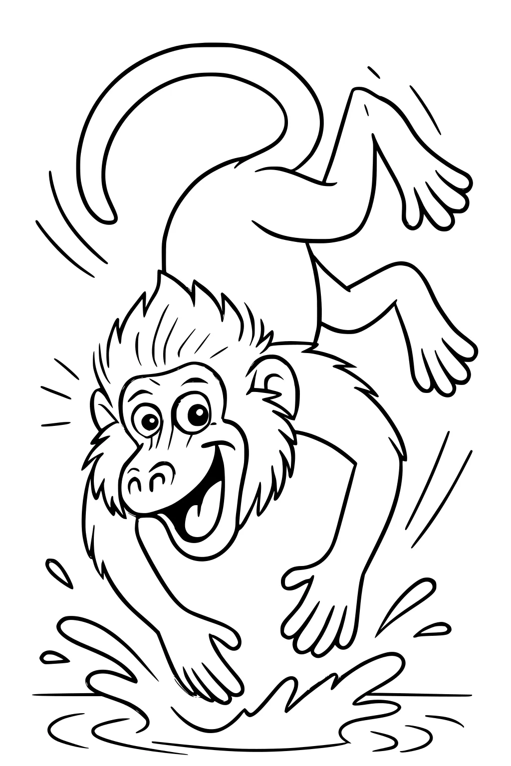 Baboon upside down splashing into water with excited face and bushy fur, arms outstretched, tail curled in the air.