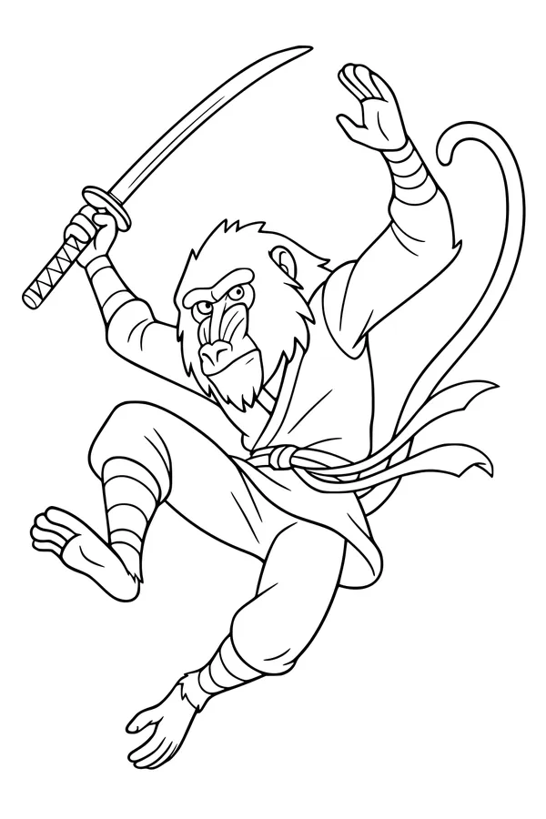 Free Baboon Coloring Page - Samurai Warrior Jumping With Sword (Printable PDF)