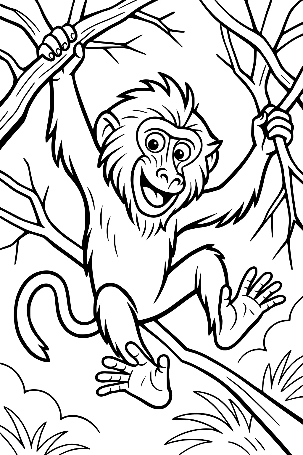 Cartoon baboon hanging and swinging from tree branches with an open mouth and outstretched arms and legs.