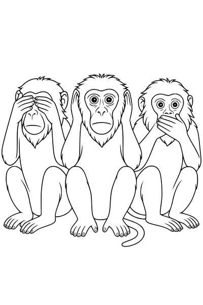 Free Baboon Coloring Page - Three Wise Baboons in a Row (Printable PDF)