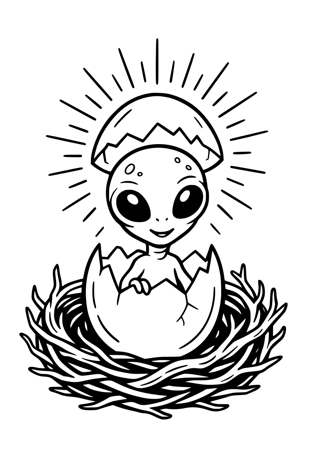 Smiling baby alien hatching from an egg in a twig nest with a cracked shell hat and sunburst lines behind.