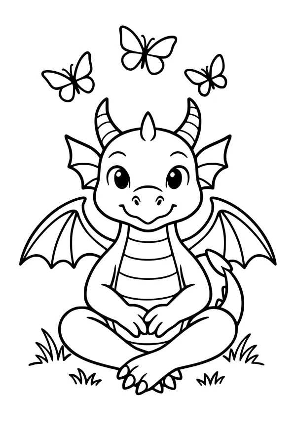Free Baby Dragon Coloring Page - Cute Dragon With Butterflies (Printable PDF)
