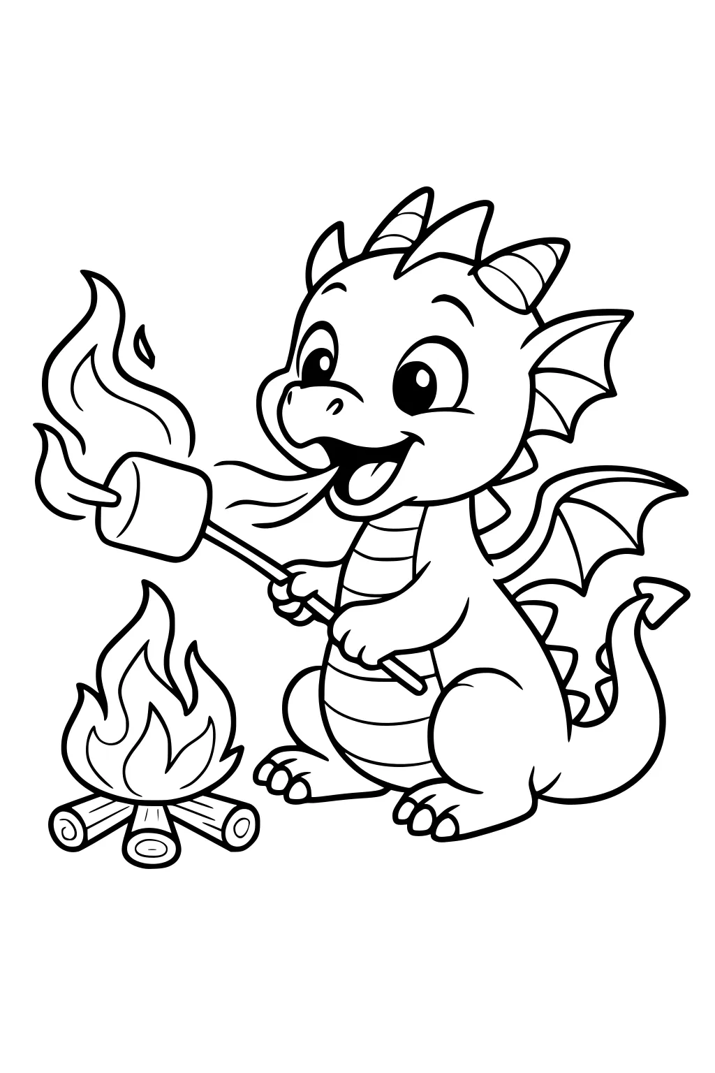 Smiling baby dragon with wings toasts a marshmallow over a small campfire, sitting with striped belly, tiny horns, and tail spikes.