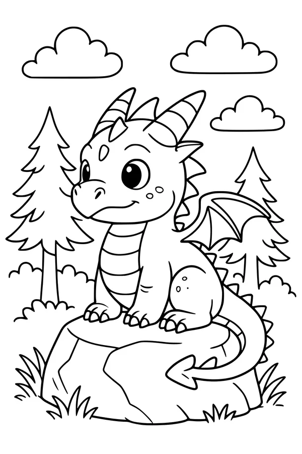 Free Baby Dragon Coloring Page - Cute Hatchling on Forest Rock (Printable PDF)