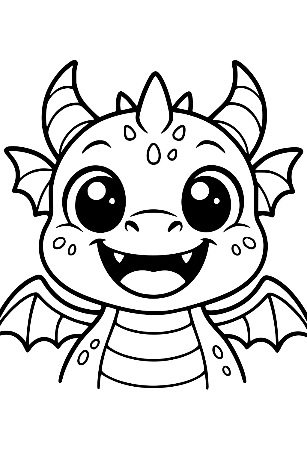 Smiling baby dragon with big eyes, tiny horns, small wings, cheek spots, head spikes, and a striped belly drawn with bold black outlines.